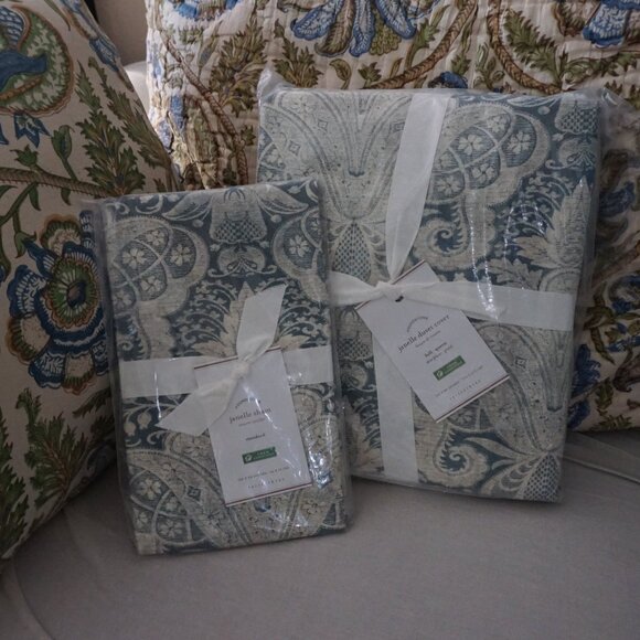 Pottery Barn Janelle Full Queen Duvet and Sham NWT Cream Blue